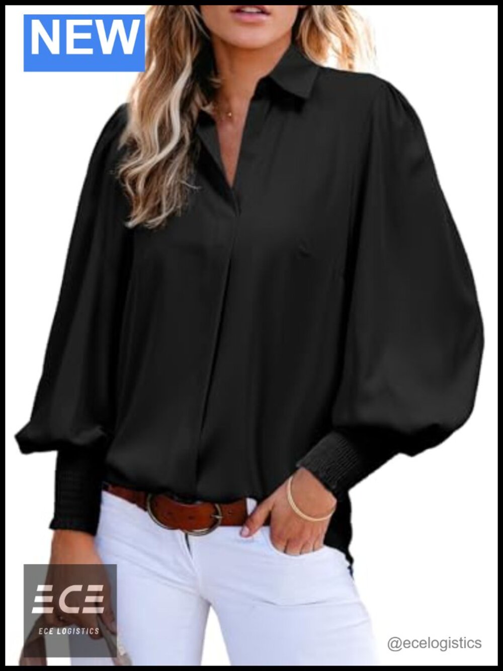 Women's V-Neck Button-Down Blouse with Lantern Sleeves